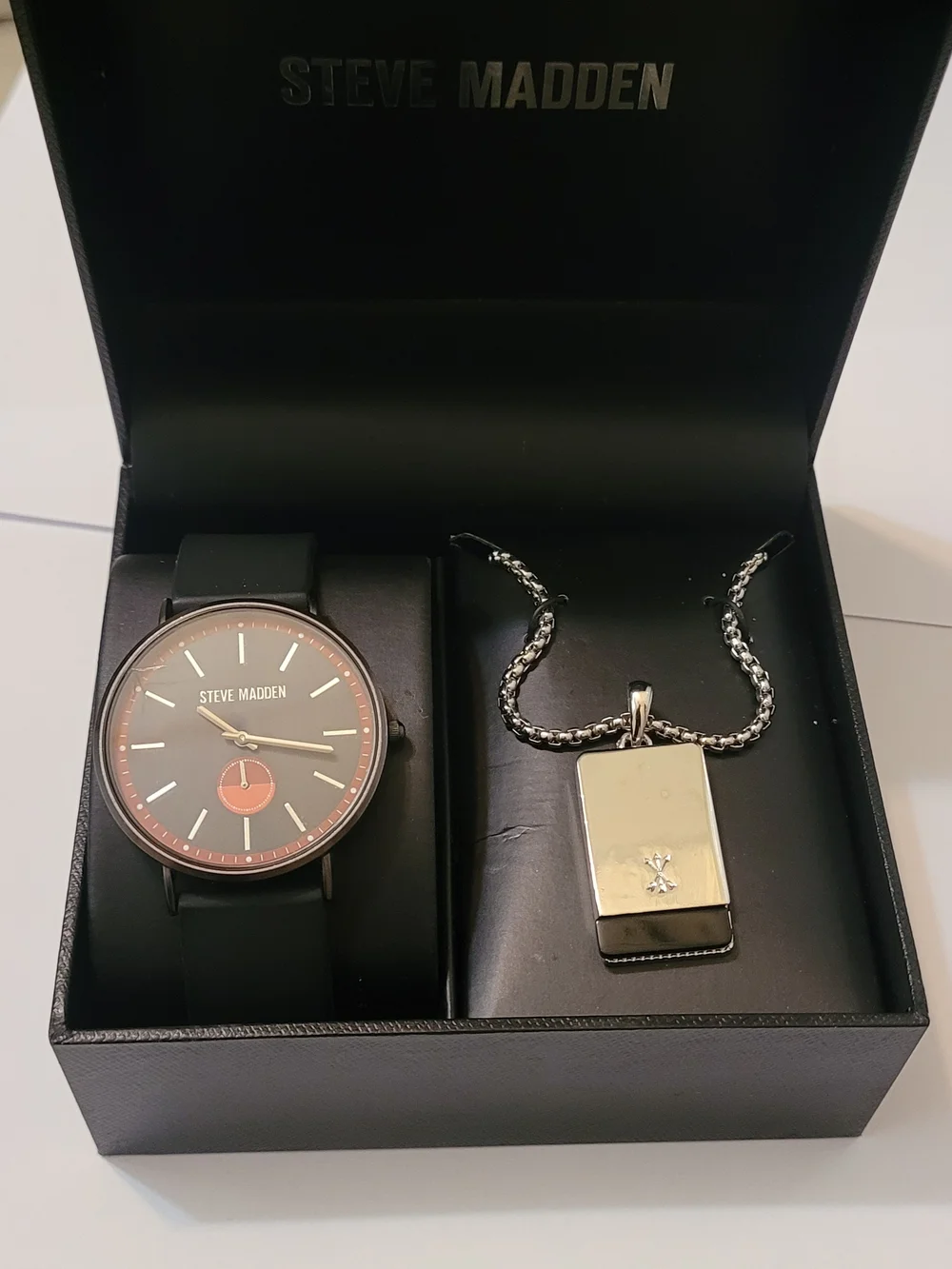 Steve Madden Men's Black and Rose Gold Watch and Pendant Gift Set